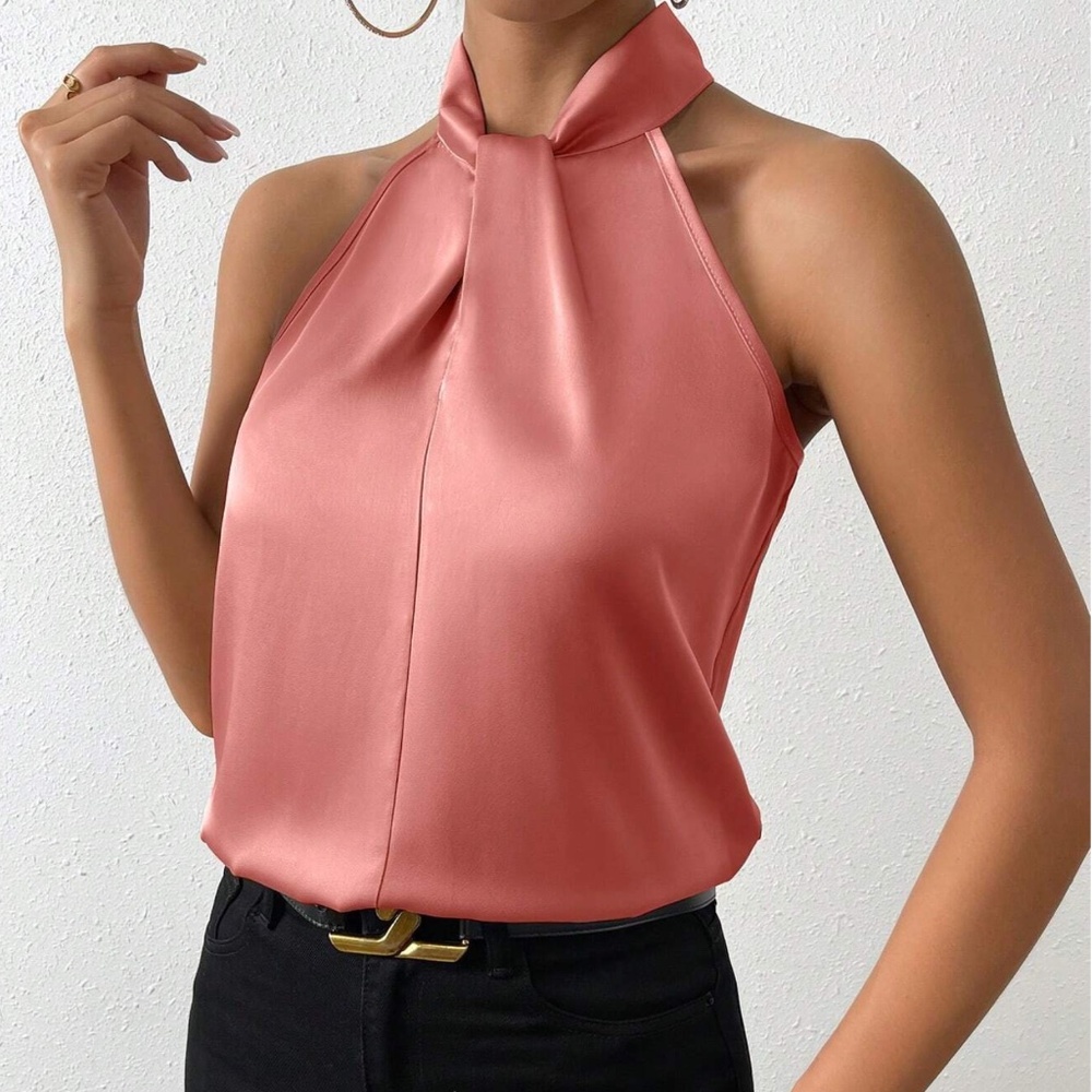 Luxe Champagne Satin Halter Minimalist Tank Top - Picture 10 of 15